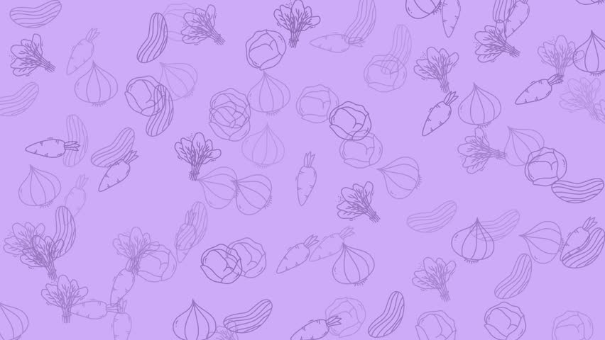 Animated outline illustration of fresh vegetables looping on a light purple background, suitable for food-related projects.