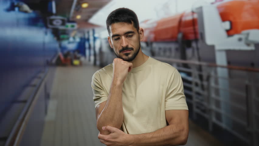 Young man in casual attire stands thoughtfully on a boat deck, with blurred lifeboats and sea in the background, embodying a contemplative mood in an outdoor seaside setting.