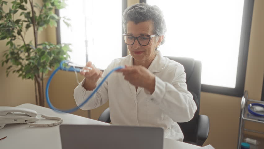 Senior woman doctor with grey hair in a clinic office holding a stethoscope smiling at her desk surrounded by office equipment and a plant.