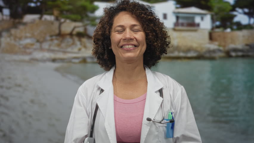 Woman doctor in white coat with stethoscope breathing slowly in front of seaside building on beach; serenity healing.