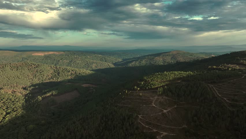Mountainous Landscape At Espiñeiros Hamlet Within The O Irixo Municipality In The Province Of Ourense, Galicia, Spain. Aerial Wide Shot