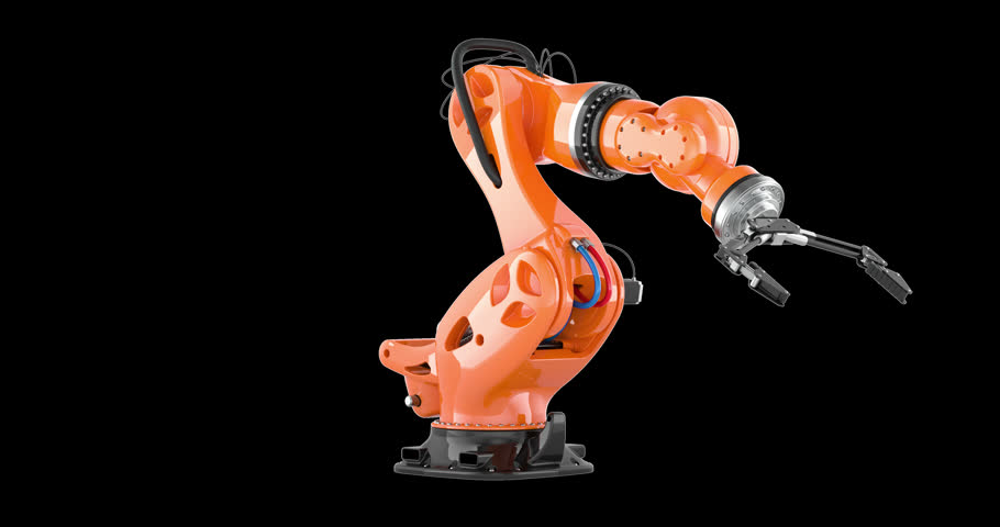 Industrial robotic arm rotation animation, seamlessly loopable. 3D rendering isolated on transparent background