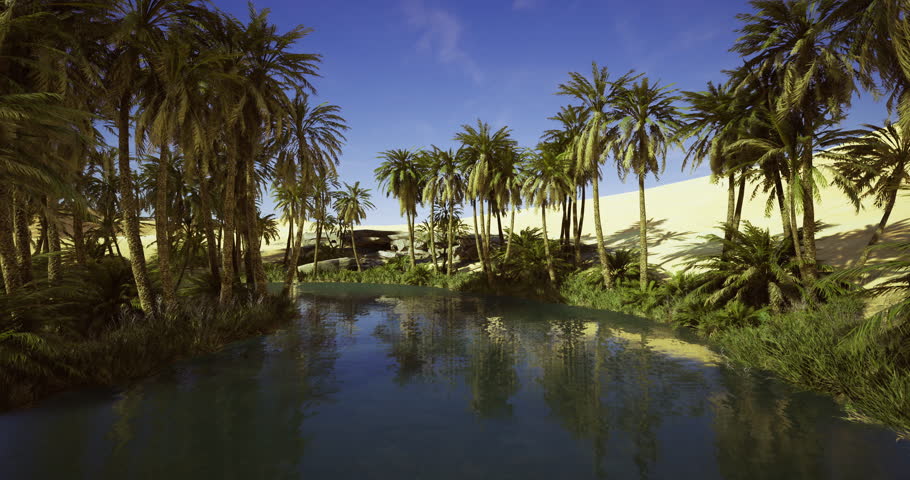A serene oasis features lush palm trees surrounding a reflective body of water, set against golden sand dunes under a clear blue sky, creating a peaceful natural retreat.