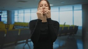 Young hispanic woman blowing a kiss with both hands while smiling in an airport terminal; travel greeting joy. - Powered by Shutterstock - Get 15% off with code: PIKWIZARD15