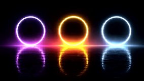 Dynamic neon rings pulse with vibrant energy, casting colorful reflections on a sleek, watery surface, perfect for futuristic tech and abstract motion graphics - Powered by Shutterstock - Get 15% off with code: PIKWIZARD15