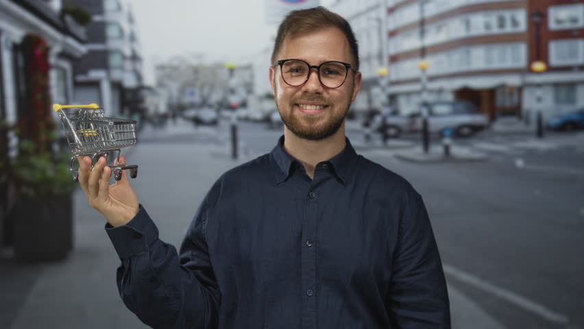 Man holding a miniature shopping cart in one hand and points finger at it on a busy city street while smiling and giving a thumbs up; confidence.