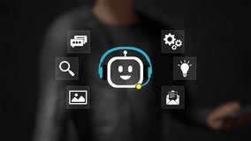 AI assistant chatbot, automation, innovation, big data, customer support, analytics and modern technology for business transformation. Businessman touching AI robot on virtual screen. 3D video - Powered by Shutterstock - Get 15% off with code: PIKWIZARD15