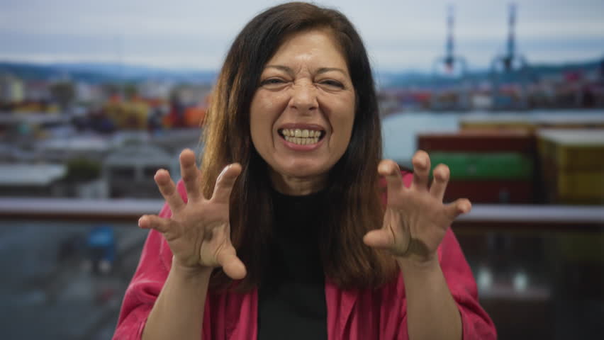 Smiling proudly woman in pink jacket claws fingers on street by port cranes and containers; fierce energy.