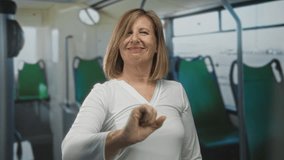Middle age woman in white shirt smiling gives double thumbs up while seated on green bus seat on street; approval. - Powered by Shutterstock - Get 15% off with code: PIKWIZARD15