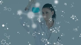 Female scientist bringing flask, rotating blue solution amid lab molecular diagrams checking data. Scientist, laboratory, molecular graphics, research, innovation, technology, scientific - Powered by Shutterstock - Get 15% off with code: PIKWIZARD15