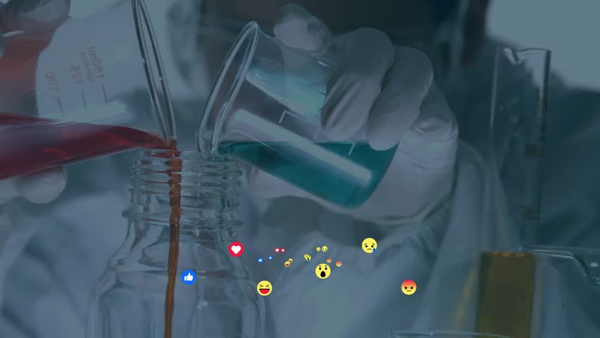 Tilting beakers pouring red turquoise liquids, chemist showing social engagement via animated icons. Scientist, reaction, innovation, experimentation, digital, data, research - Powered by Shutterstock - Get 15% off with code: PIKWIZARD15