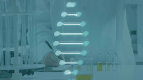 Senior male scientist noting tablet as digital helix sweeping science lab bench, guiding inspection. Scientist, laboratory, research, innovation, experimentation, analytical, biotech - Powered by Shutterstock - Get 15% off with code: PIKWIZARD15