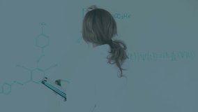 Teacher writing chemical formulas on board after clipboard check spawning brain overlay for science. Scientist, education, futuristic, research, innovation, analytical, technology - Powered by Shutterstock - Get 15% off with code: PIKWIZARD15