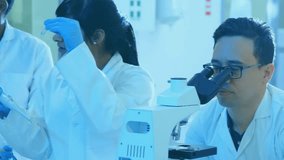 Lab team peering through microscope initiating world map and global data icons during pipetting. Scientists, collaboration, innovation, precision, technology, research, laboratory - Powered by Shutterstock - Get 15% off with code: PIKWIZARD15