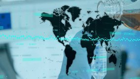 gloved hand tilting flask pouring reagent into cylinder showing world map and data plotting trends. Scientist, analytical, futuristic, data, visualization, research, innovation - Powered by Shutterstock - Get 15% off with code: PIKWIZARD15