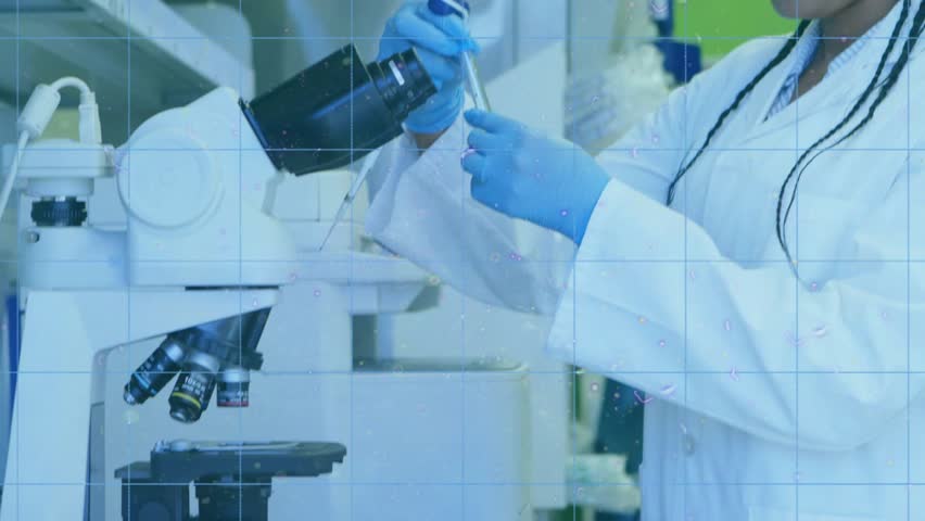 Scientific targeting overlay appearing, researcher using pipette filling tube for microscope review. Precision, innovation, biotechnology, science, analysis, research, clinical
