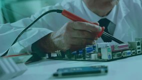 Engineer placing probe on tech motherboard activating lock camera lightbulb driving imaging to idea. Technology, innovation, cybersecurity, electronics, engineering, futuristic, precision - Powered by Shutterstock - Get 15% off with code: PIKWIZARD15