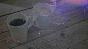 On start glowing particles drifting around two white mugs, lines sweeping forming dynamic interface. Futuristic, digital, interface, tech, glowing, connections, schematic - Powered by Shutterstock - Get 15% off with code: PIKWIZARD15