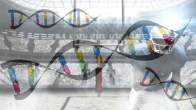 Quarterback receiving snap to advance ball amid floating DNA in sports science as tackler colliding. Athletic, teamwork, innovation, science, technology, sport, competition - Powered by Shutterstock - Get 15% off with code: PIKWIZARD15
