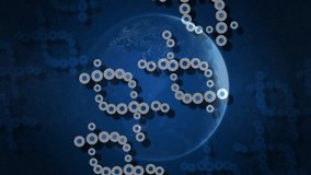 Translucent ring clusters drifting in from top while Earth rotating pulsing visualizing data orbits. Cosmos, neural, futuristic, digital, abstract, innovation, connectivity - Powered by Shutterstock - Get 15% off with code: PIKWIZARD15