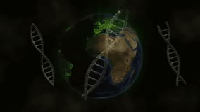Digital Earth appearing starting rotating clockwise and DNA helices orbiting showing network growth. Futuristic, innovation, connectivity, technology, digital, global, molecular - Powered by Shutterstock - Get 15% off with code: PIKWIZARD15