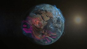 Digital Earth appearing, rotating while neon contours marching eastward, visualizing data flows. Futuristic, global, technology, network, connectivity, space, abstract - Powered by Shutterstock - Get 15% off with code: PIKWIZARD15