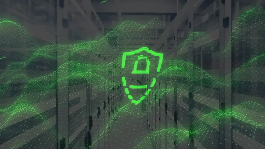 When shield icon appearing, padlock unlocking, locking, waves rising for data security in corridor. Cybersecurity, data protection, digital infrastructure, encryption, network security, futuristic - Powered by Shutterstock - Get 15% off with code: PIKWIZARD15