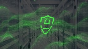 When shield icon appearing, padlock unlocking, locking, waves rising for data security in corridor. Cybersecurity, data protection, digital infrastructure, encryption, network security, futuristic - Powered by Shutterstock - Get 15% off with code: PIKWIZARD15