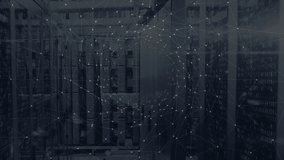 Fading network overlay pulsing through server aisle while camera tracking to visualize data flow. Technology, cybersecurity, digital, connectivity, innovation, data, infrastructure - Powered by Shutterstock - Get 15% off with code: PIKWIZARD15