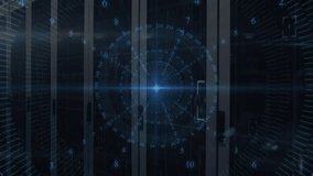 Circular HUD appearing over server racks, rotating and scanning glass panels for data monitoring. Technology, data center, cybersecurity, digital interface, futuristic, network, innovation - Powered by Shutterstock - Get 15% off with code: PIKWIZARD15
