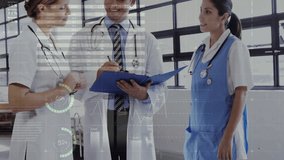 Doctor opening blue folder nurse giving pen medical team jotting metrics, digital charts appearing. Collaboration, healthcare, diagnosis, data analysis, teamwork, medical technology, professional - Powered by Shutterstock - Get 15% off with code: PIKWIZARD15