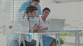 Medical team angling laptop, laptop powering on showing animated charts guiding analysis. Collaboration, healthcare, data, analytics, technology, professionalism, team - Powered by Shutterstock - Get 15% off with code: PIKWIZARD15