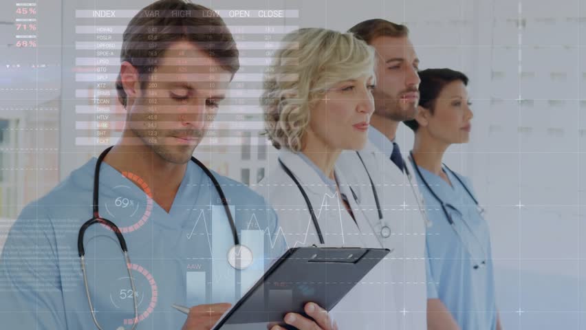 Doctor writing on clipboard initiating charts, map fading across team, showing healthcare analytics. Medical, analytics, data, visualization, collaboration, reporting, healthcare - Powered by Shutterstock - Get 15% off with code: PIKWIZARD15