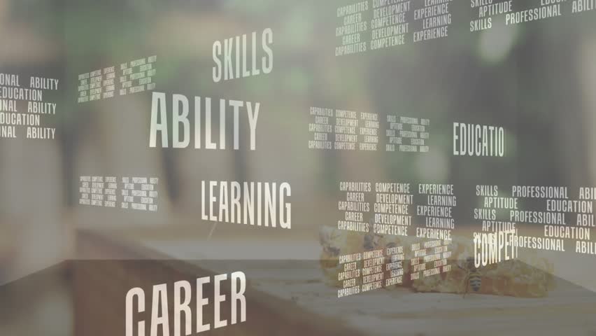 Static front view initiating rotating semi-transparent 3D text cube showcasing career keywords. Training, innovation, development, corporate, education, creativity, progression