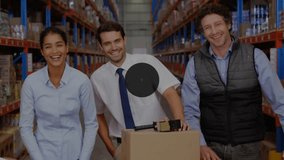 colleagues in warehouse seeing user icon appearing over staff linking nodes into network overlay. Collaboration, teamwork, connectivity, enterprise, logistics, communication, modern - Powered by Shutterstock - Get 15% off with code: PIKWIZARD15