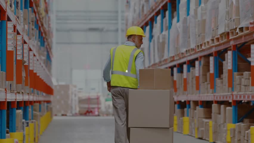 Warehouse worker pushing loaded pallet jack causing nodes forming across shelves for tracking. Logistics, automation, connectivity, industrial, technology, supply chain, inventory - Powered by Shutterstock - Get 15% off with code: PIKWIZARD15