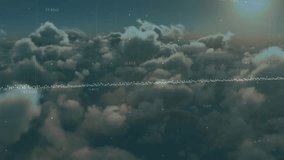 Sunlight arcing over clouds causing waveform pulsing and data labels moving, visualizing audio flow. Data visualization, aerial perspective, abstract, technology, digital, cloudscape, dynamic - Powered by Shutterstock - Get 15% off with code: PIKWIZARD15