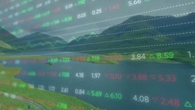Financial overlay fading in updating data and extending graph to visualize market trends. Mountain, lake, landscape, data visualization, digital analytics, nature, technology - Powered by Shutterstock - Get 15% off with code: PIKWIZARD15