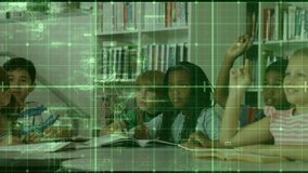 Students raising hands on teacher prompt in school library, digital overlay highlighting answers. Collaboration, education, innovation, digital, learning, youthful, curiosity - Powered by Shutterstock - Get 15% off with code: PIKWIZARD15