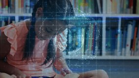 Girl opening book in library, particles rising into digital globe with network lines for education. Fantasy, innovation, curiosity, learning, technology, imagination, exploration - Powered by Shutterstock - Get 15% off with code: PIKWIZARD15