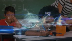 digital wave sweeping classroom initiating writing to learn while teacher guiding student smiling. Education, classroom, learning, children, teacher, technology, focus - Powered by Shutterstock - Get 15% off with code: PIKWIZARD15