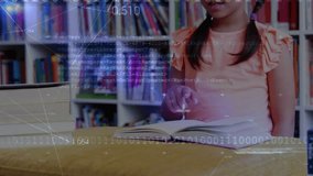 Girl sliding eyeglasses using finger following text while binary code graphics enhancing education. Juvenile, literacy, innovation, education, technology, curiosity, learning - Powered by Shutterstock - Get 15% off with code: PIKWIZARD15