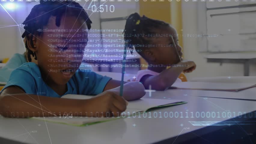 Boy picking and girl tapping green pencils in workbooks, using holographic data graphs for learning. Child, education, classroom, digital, learning, collaboration, focus - Powered by Shutterstock - Get 15% off with code: PIKWIZARD15