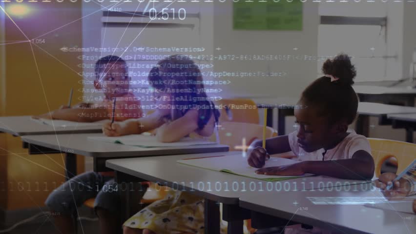 Camera panning across desks causing code overlay growth while three children writing for education. Learning, concentration, education, technology, innovation, focus, creativity - Powered by Shutterstock - Get 15% off with code: PIKWIZARD15