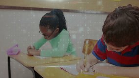 classmates writing under teacher instruction blonde peer joining while digital overlay intensifying. Educational, collaboration, technology, data, literacy, learning, classroom - Powered by Shutterstock - Get 15% off with code: PIKWIZARD15