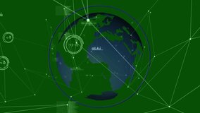 On animation start, 3D rotating globe updating HUD percent, linking nodes, visualizing global data. Technology, data, analytics, innovation, digital, network, visualization - Powered by Shutterstock - Get 15% off with code: PIKWIZARD15