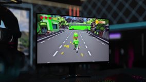 Playing Level of a computer running simulator with cartoon graphics. Colourful Level map in a game with cartoon graphics. Cartoon graphics character completing video game level. Victory. - Powered by Shutterstock - Get 15% off with code: PIKWIZARD15