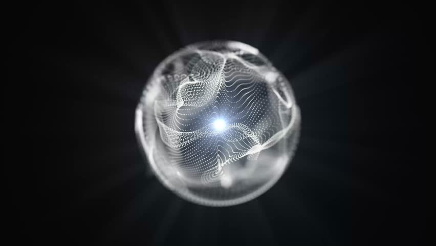 A digital art piece featuring a luminous sphere with a network of interconnected dots, set against a dark background.