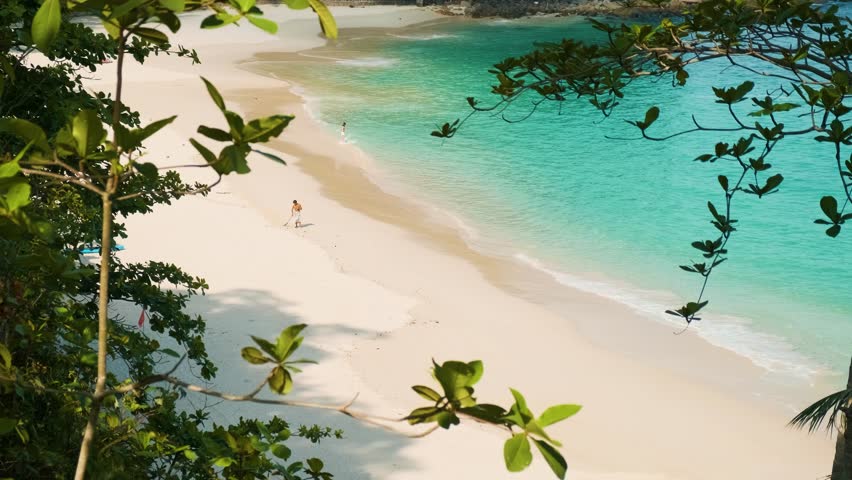 Freedom beach in Phuket island, Thailand with nobody. Tropical beach with crystal clear waters, sandy shore, palm trees and green foliage under blue sky. Summer and winter vacation destination