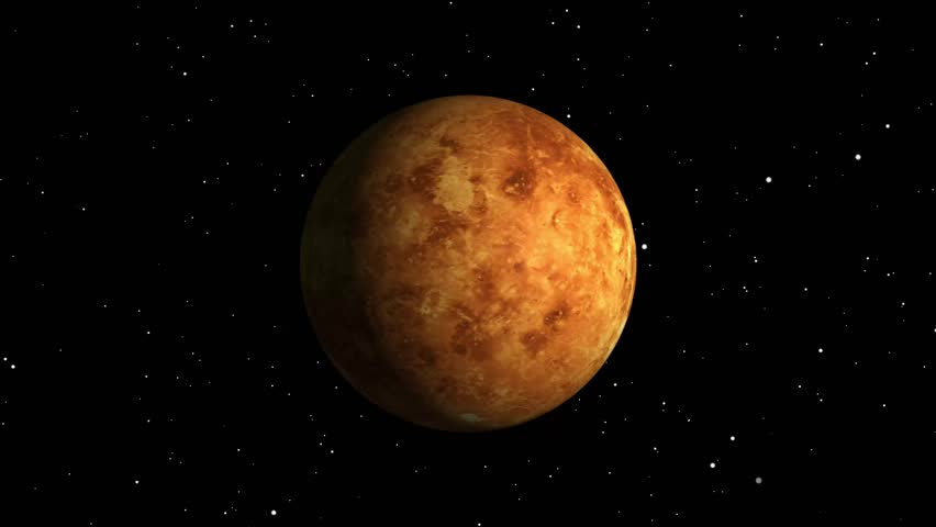 A vibrant depiction of Venus, the second planet from the sun, set against a backdrop of a star-filled night sky.